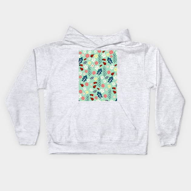 Spring meadow in bloom with ladybirds on green background Kids Hoodie by Arch4Design